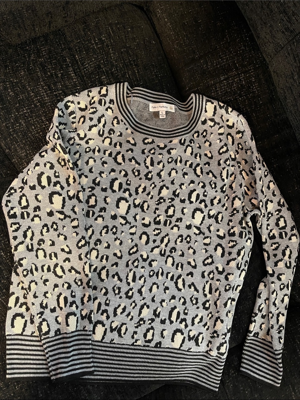 Grey Leopard Print Crewneck Sweater with Contrast Stripes